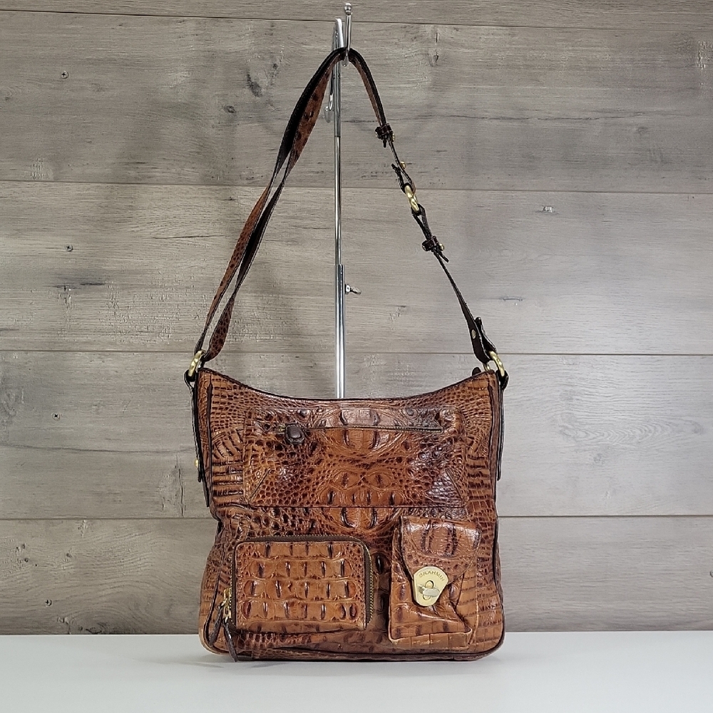 Brahmin Brown Croc Embossed Leather Crossbody Shoulder Bag